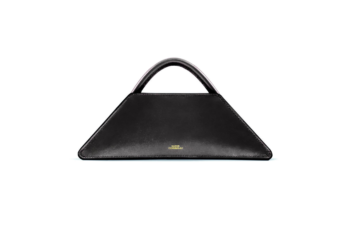 Elie mini bag, Front view, Model, Studio, Black, Clutch bag, Hand bag, mediterranean vibe, Premium leather, Unique design, Maison Corbelli, Luxury, Leather, White background