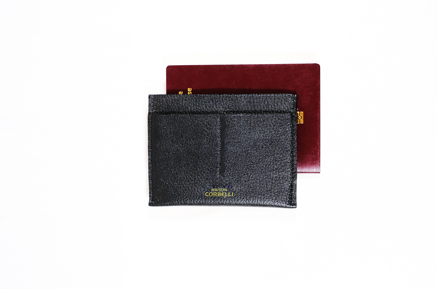 One wallet, one black and one burgundy passport, on a white background, Wally wallet, top view, Pure leather, black colour, Passport size, studio photo