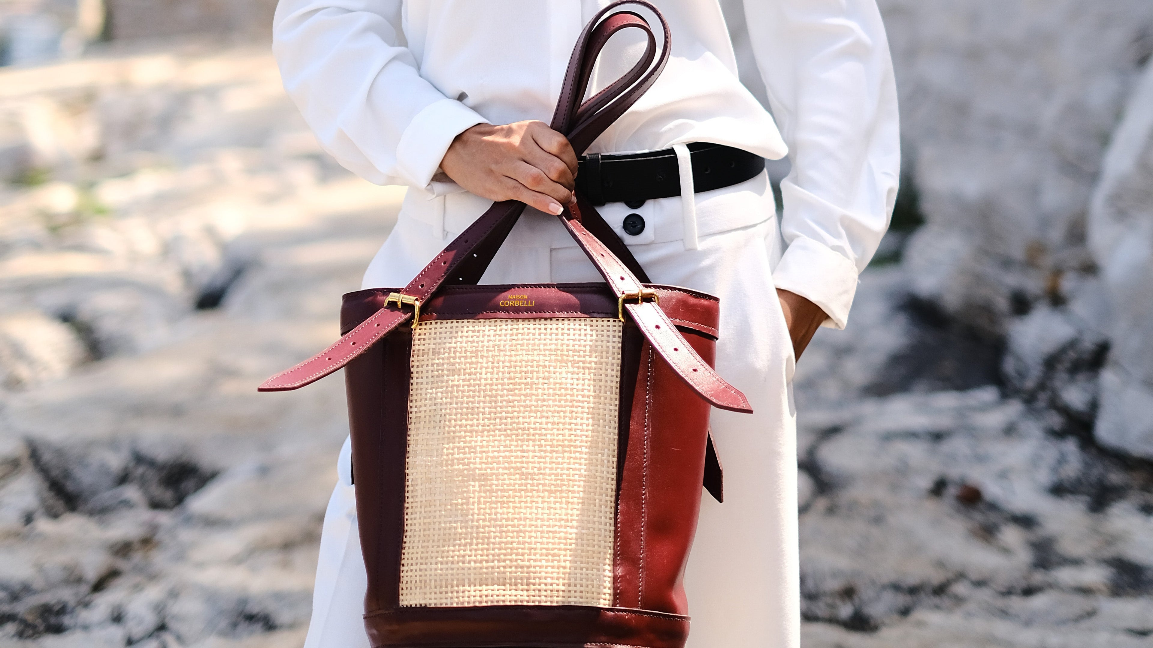 Alma bag, side view, Model, Street wear, Bucket bag, Burgundy, Rattan, Flowers, Woman, Burgundy, Hand bag, mediterranean vibe, Premium leather, Unique design, bag, Maison Corbelli, Luxury, Beach view 