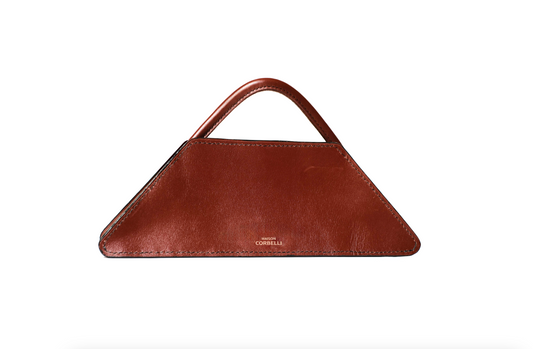 Elie mini bag, Front view, Model, Studio, Burgundy, Clutch bag, Hand bag, mediterranean vibe, Premium leather, Unique design, Maison Corbelli, Luxury, Leather