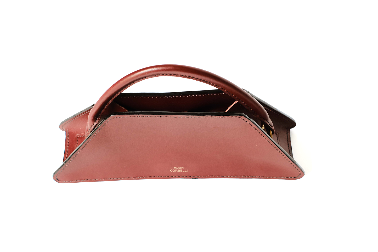 Elie mini bag, top view, Model, Studio, Burgundy, Clutch bag, Hand bag, mediterranean vibe, Premium leather, Unique design, Maison Corbelli, Luxury