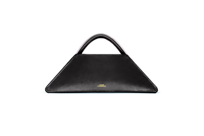 Elie mini bag, Front view, Model, Studio, Black, Clutch bag, Hand bag, mediterranean vibe, Premium leather, Unique design, Maison Corbelli, Luxury, Leather, White background