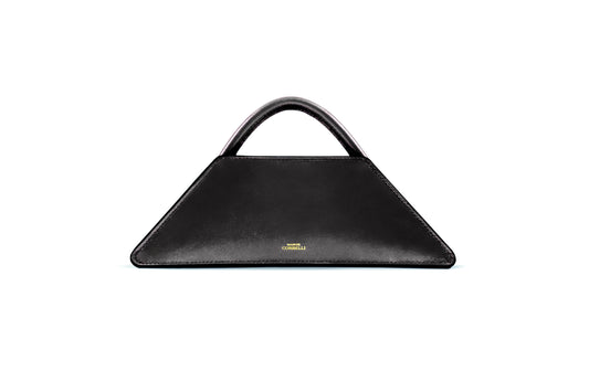 Elie mini bag, Front view, Model, Studio, Black, Clutch bag, Hand bag, mediterranean vibe, Premium leather, Unique design, Maison Corbelli, Luxury, Leather, White background