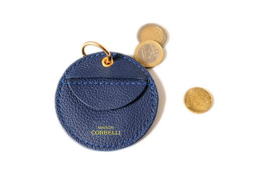 Oto, coin holder, gold-colored accessories, coin purse, few coins placed in it, top view, Model, Studio, Blue, bag, mediterranean vibe, Premium leather, Unique design, Maison Corbelli, Luxury, grain calf leather