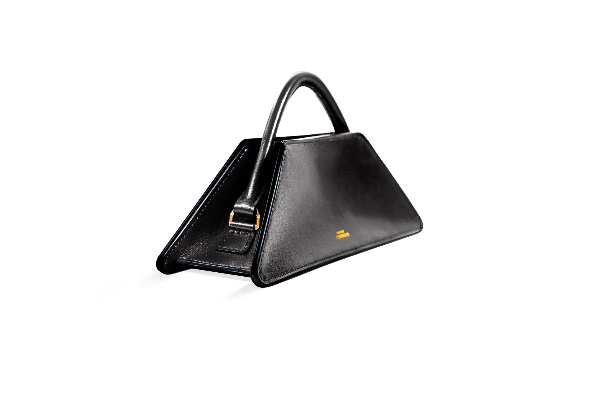 Elie mini bag, side view, Model, Studio, Black, Clutch bag, Hand bag, mediterranean vibe, Premium leather, Unique design, Maison Corbelli, Luxury, White background