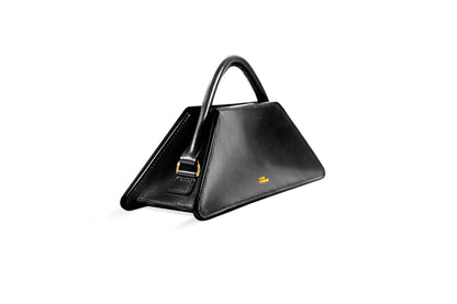 Elie mini bag, side view, Model, Studio, Black, Clutch bag, Hand bag, mediterranean vibe, Premium leather, Unique design, Maison Corbelli, Luxury, White background