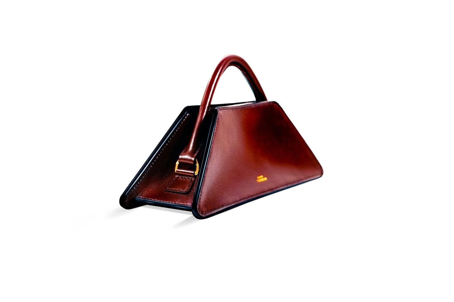 Elie mini bag, side view, Model, Studio, Burgundy, Clutch bag, Hand bag, mediterranean vibe, Premium leather, Unique design, Maison Corbelli, Luxury