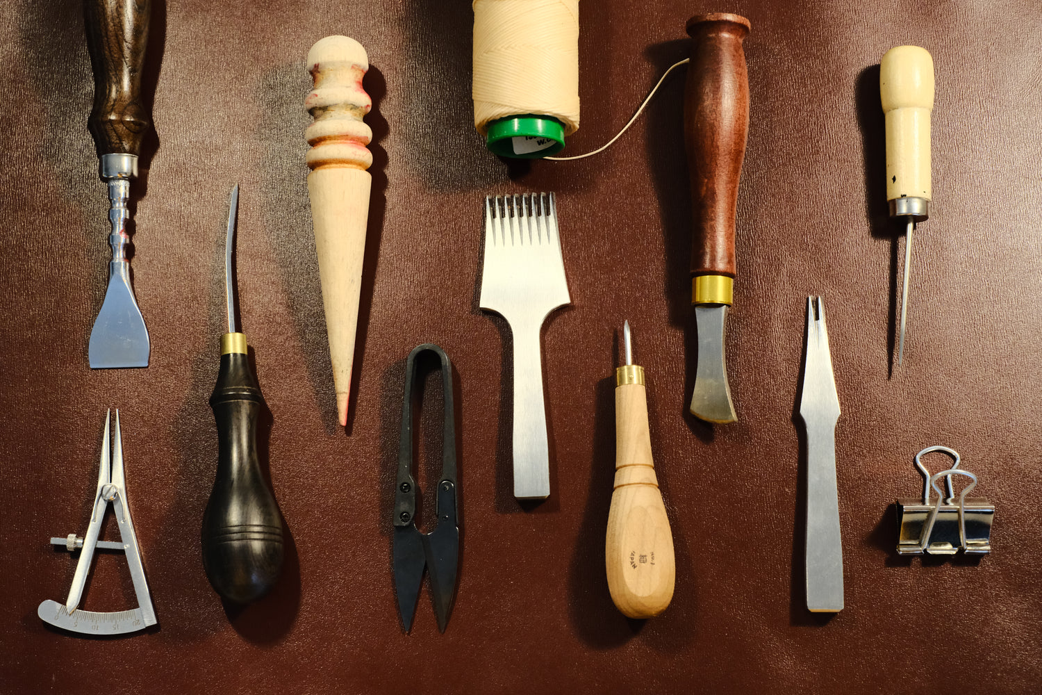 Tools, Leather , Thread, Luxury, Top view, Chisel, leather stitching, Saddle stitching, Leather background   