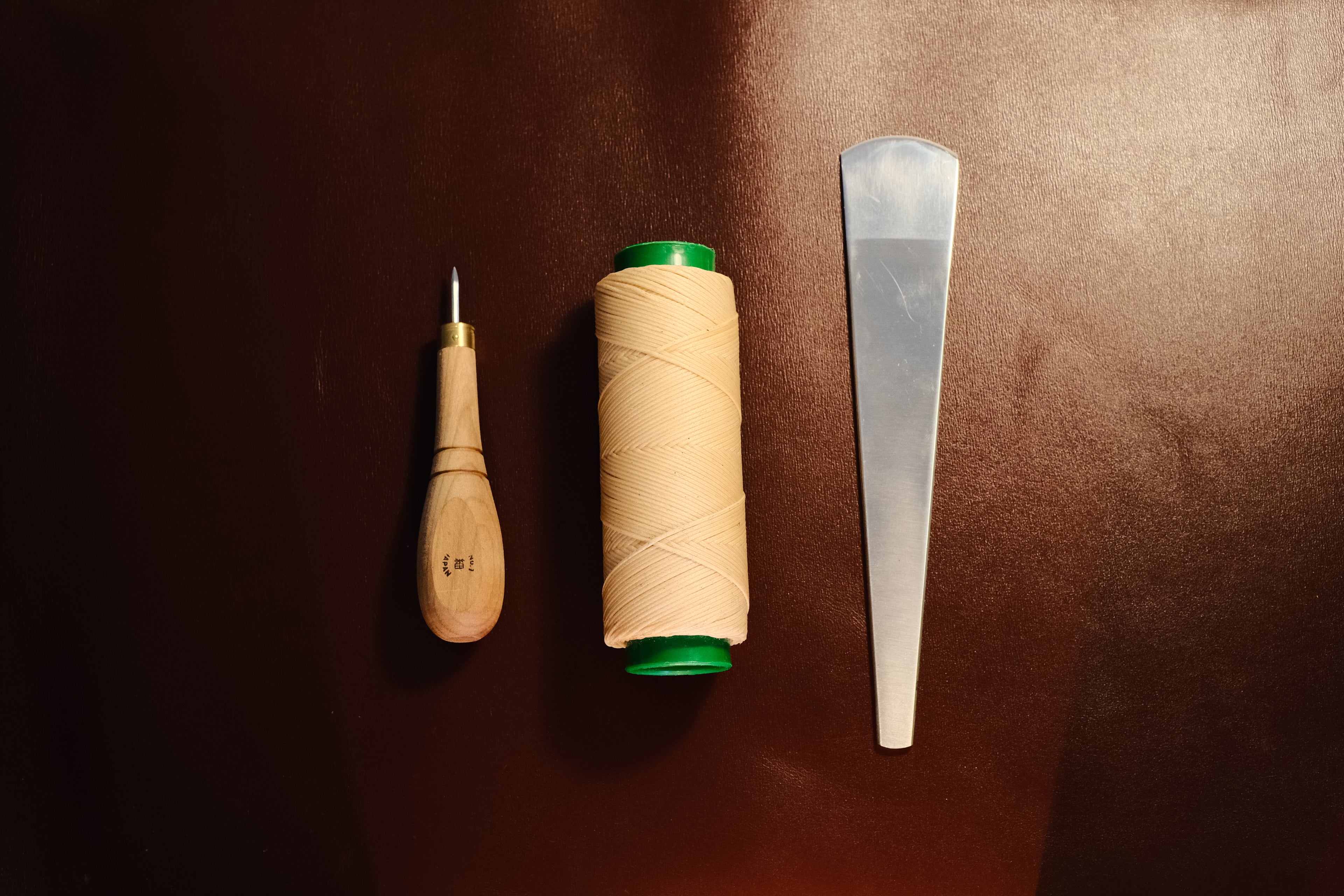 Tools, Leather , Thread, Luxury, Top view, Chisel, leather stitching, Saddle stitching, Leather background